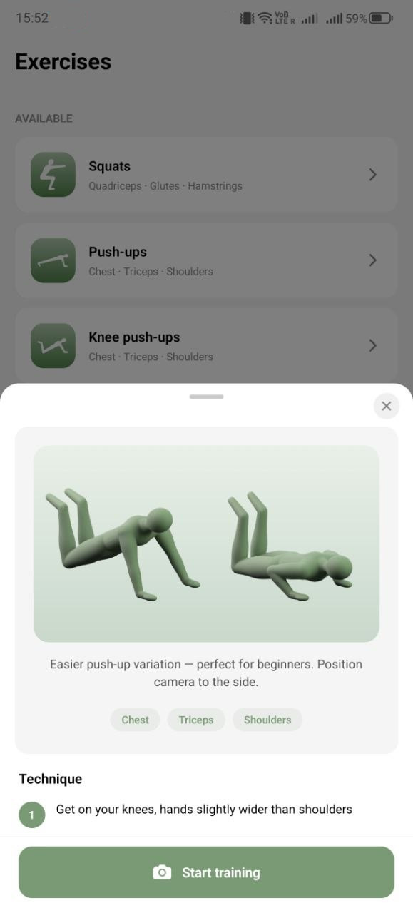 Exercise selection screen with detailed technique guide