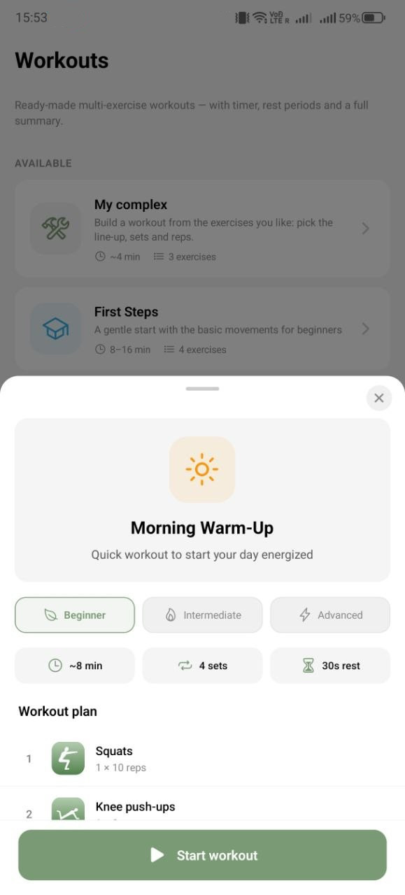 List of ready-made workout complexes with time and exercise count